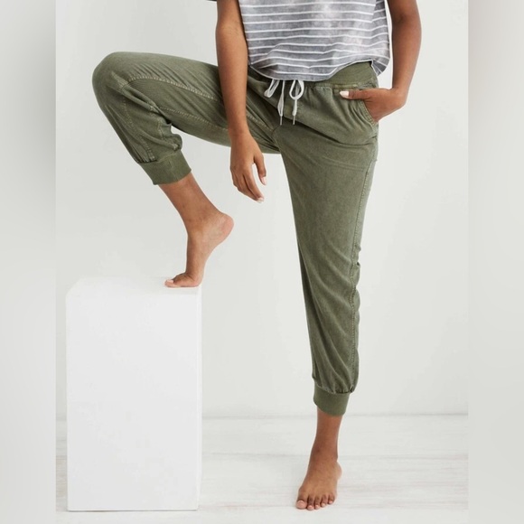 Aerie Pants - Aerie Womens Large Ribbed Woven Jogger Track Pants Green Lyocell Comfy EUC